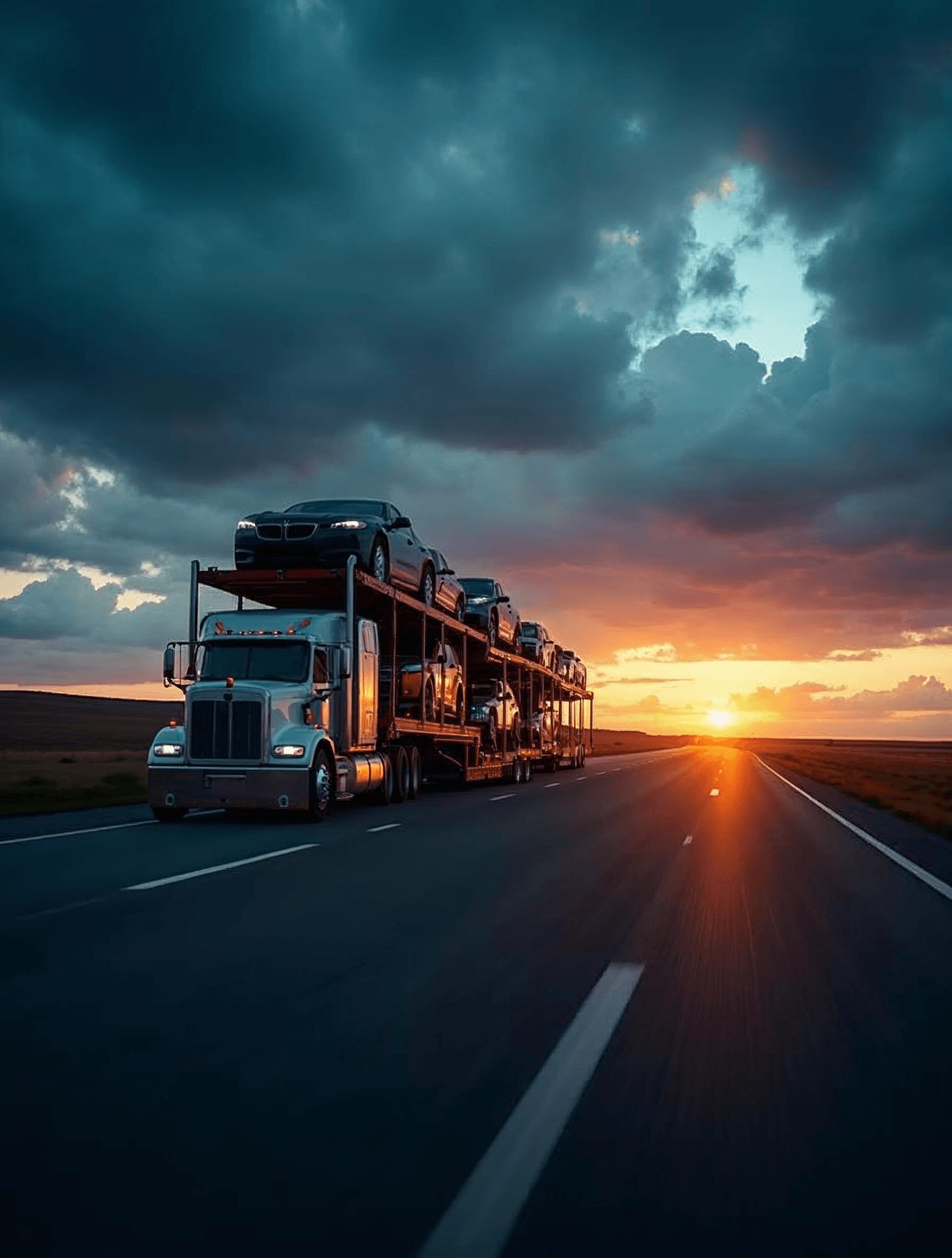 Car-hauler transport truck traveling a long interstate highway at dusk