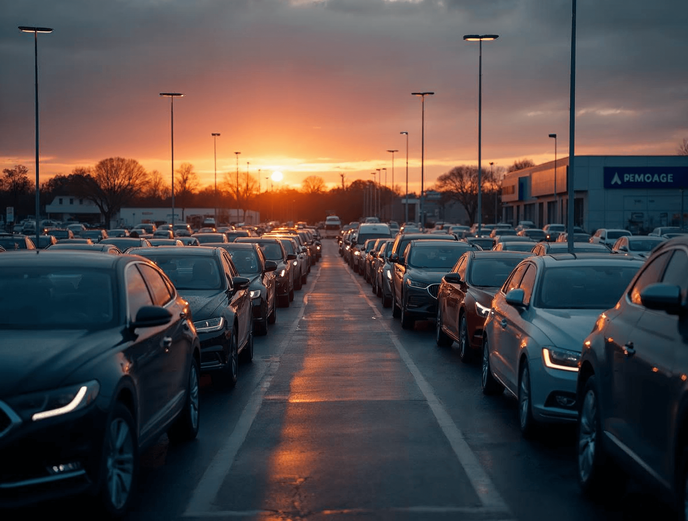 Rows of vehicles parked in a dealership lot ready for transport