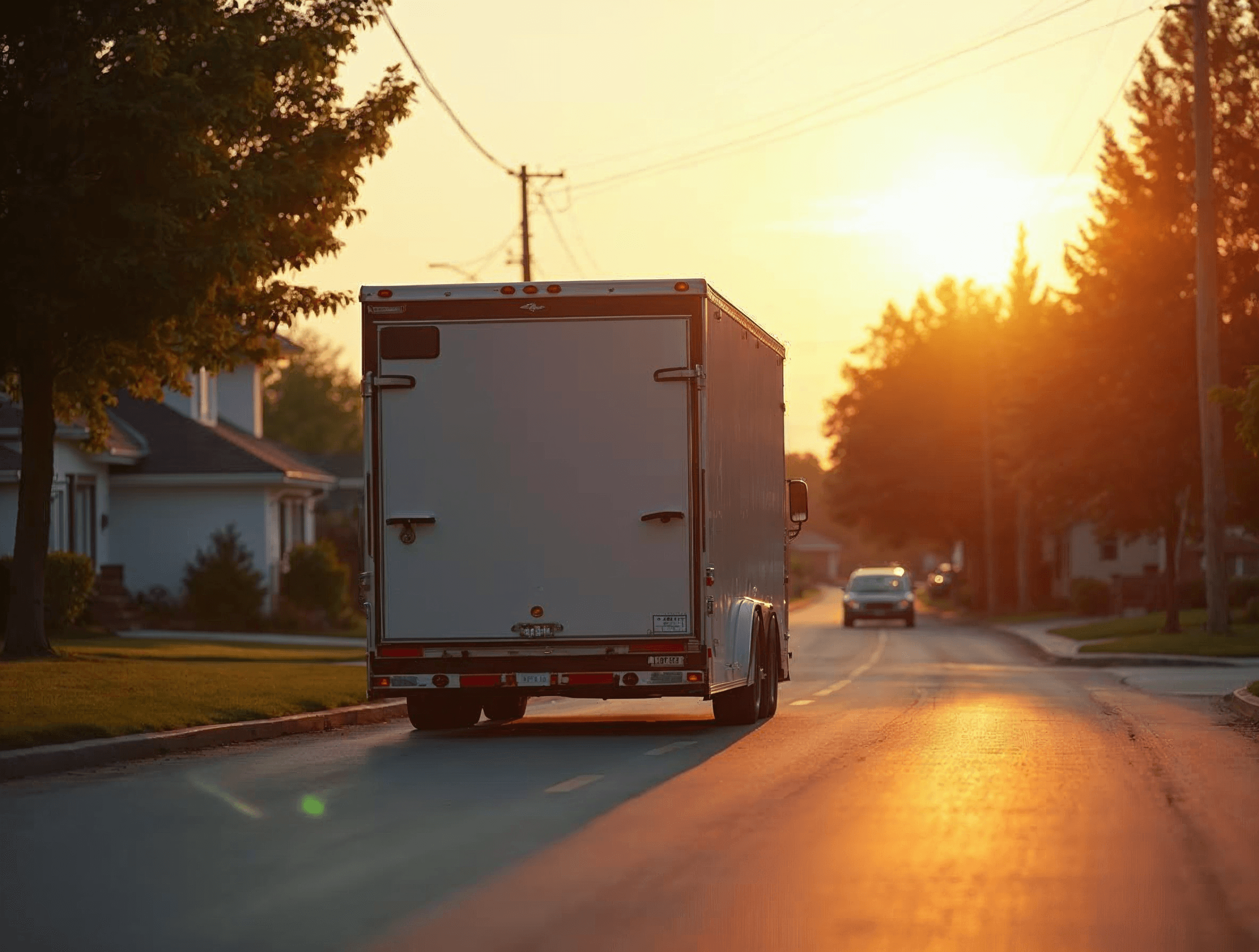 Car transport trailer parked on a quiet residential street