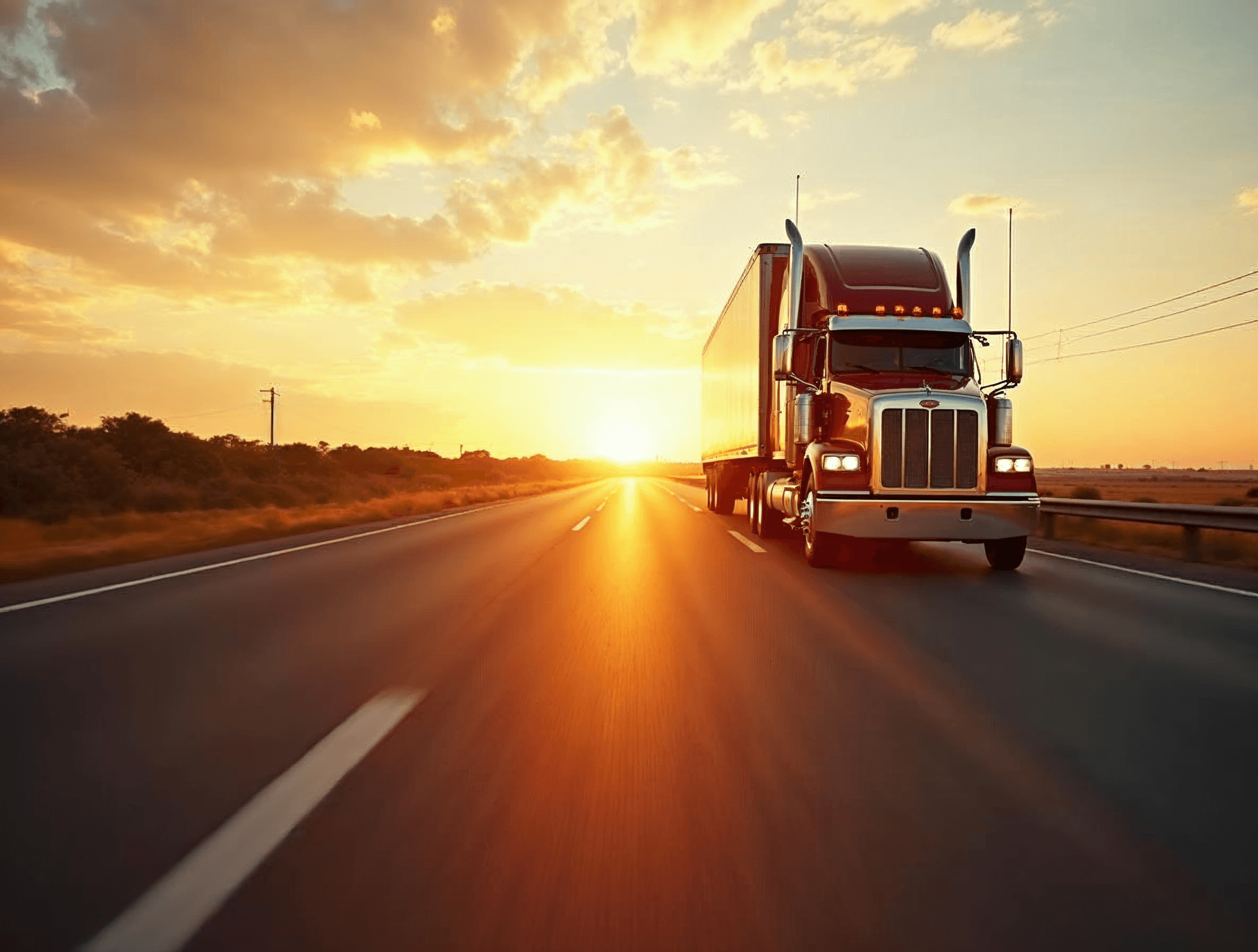 Transport truck cab on an open interstate at golden hour